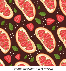 Bruschetta with Strawberries. Seamless pattern. Summer white bread sandwich. Healthy breakfast with berries. Vector food illustration.
