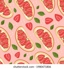 Bruschetta with Strawberries. Seamless pattern. Summer white bread sandwich. Healthy breakfast with berries. Vector food illustration.