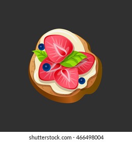 Bruschetta with strawberry and bilberry food icon top view vector illustration.