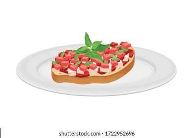 Bruschetta with Tomato and Cheese Garnished with Kitchen Herb Vector Illustration