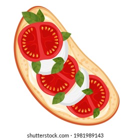 Bruschetta with tomato and mozzarella. Summer white bread sandwich with butter. Healthy breakfast. Vector illustration isolated on white background.