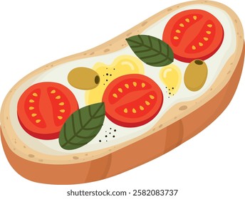 Bruschetta with tomatoes, basil and olives. isolated on a white background. Appetizing toast with cheese and vegetables