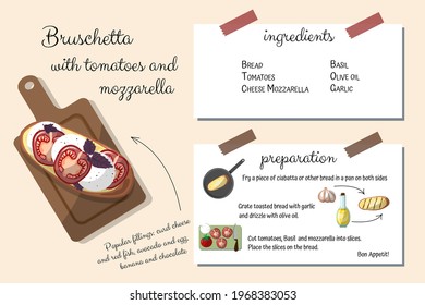 Bruschetta with tomatoes, mozzarella and basil recipe. Instructions, ingredients, step by step cooking. Home cookbook. flat design