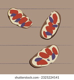 Bruschetta with tomatoes, mozzarella and basil. Summer sandwich of white bread with butter. Healthy breakfast. Vector illustration