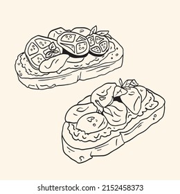 Bruschetta With Tomatoes Sketch Illustration One Line