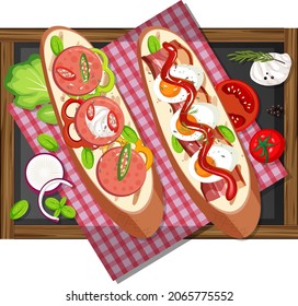 Bruschetta with vegetable ingredients on wooden tray isolated illustration