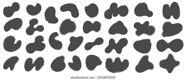 Brush abstract stains, paint shapes set with grunge texture. Round black ink splashes. Irregular organic blobs. Oval liquid rough graphic elements. Doodle blot blocks,