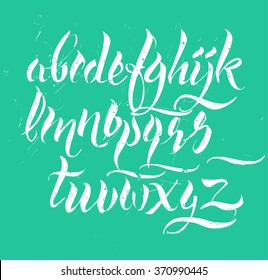 Brush alphabet, hand drawn, digitized in illustrator, white on green background, grungy, dirty, uneven