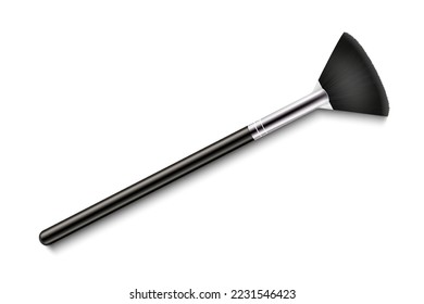 Brush for applying highlighter. Professional Makeup Brush with black handle isolated on white background. 3d realistic vector illustration.