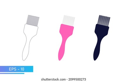 A brush for applying paint to the hair. Hair color change. Tools for a beauty salon, hairdresser or stylist. In color, lines and solid fill. Vector illustration.