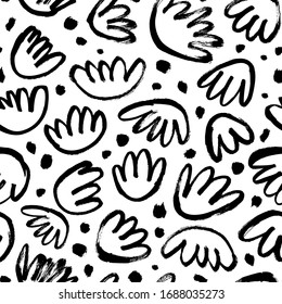 Pincel las flores abstractas negras y los puntos vectoriales sin fisuras. Ilustración de tinta negra dibujada a mano con un motivo floral abstracto. Pintura dibujada a mano para su tela, papel de envoltura, diseño de papel pintado
