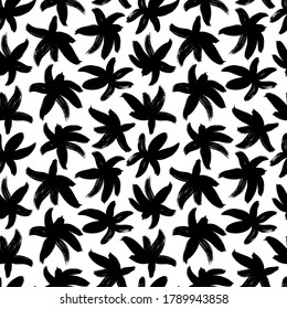 Brush black abstract flowers vector seamless pattern. Black paint ink illustration with abstract floral motif. Lily flower shape. Hand drawn painting for your fabric, wrapping paper, wallpaper