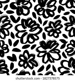 Brush black abstract leaves and flowers vector seamless pattern. Hand drawn black paint ink illustration with abstract floral motif. Outline daisy painting for your fabric, wrapping paper, wallpaper