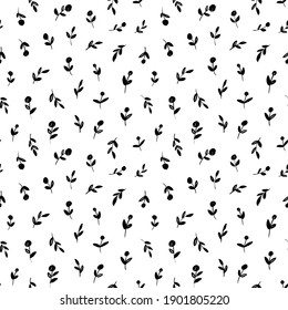 Brush black freehand leaves and flowers vector seamless pattern. Hand drawn black paint ink illustration with abstract floral motif. Hand drawn painting for your fabric, wrapping paper, wallpaper