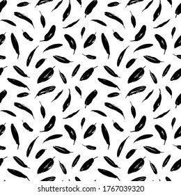 Brush black long leaves vector seamless pattern. Silhouettes of banana leaves, eucalyptus foliage. Hand drawn black paint ink illustration with abstract plant motif. Grunge dry paint brushstrokes