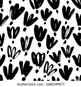 Brush black loose flowers vector seamless pattern. Hand drawn black paint ink illustration with abstract floral motif. Hand drawn painting for your fabric, wrapping paper, wallpaper design
