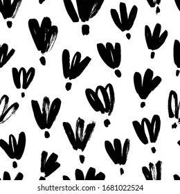 Brush black loose flowers vector seamless pattern. Hand drawn black paint ink illustration with abstract floral motif. Hand drawn painting for your fabric, wrapping paper, wallpaper design