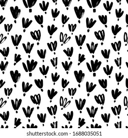 Brush black loose flowers vector seamless pattern. Hand drawn black paint ink illustration with abstract floral motif. Hand drawn painting for your fabric, wrapping paper, wallpaper design