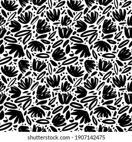 Brush black loose leaves and flowers vector seamless pattern. Hand drawn black paint ink illustration with abstract floral motif. Hand drawn painting for your fabric, wrapping paper, wallpaper design