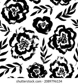 Brush black loose leaves and flowers vector seamless pattern. Vintage floral ornament. Botanical vector pattern for design and prints. Hand drawn black paint ink illustration with abstract flowers