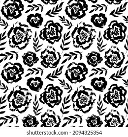 Brush black loose leaves and flowers vector seamless pattern. Vintage floral ornament. Botanical vector pattern for design and prints. Hand drawn black paint ink illustration with abstract flowers