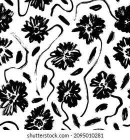 Brush black loose leaves and flowers vector seamless pattern. Vintage floral ornament. Botanical vector pattern for design and prints. Hand drawn black paint ink illustration with abstract flowers