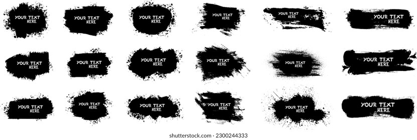 Brush black paint ink stroke over square frame. Black splashes isolated on white background. Ink splashes stencil very detailed collection