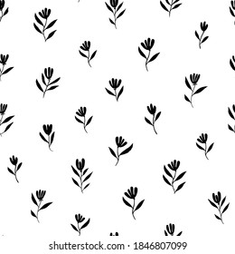 Cepillarse con flores negras simples vector patrón sin fisuras. Ilustración de tinta de pintura negra dibujada a mano con motivos florales abstractos. Hojas y ramas para su tela, papel de envoltura, diseño de papel pintado