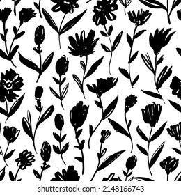 Brush black small flowers with leaves vector seamless pattern. Hand drawn black paint ink illustration with abstract floral motif. Hand drawn painting for your fabric, wrapping paper, wallpaper design