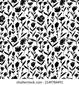 Brush black small flowers with leaves vector seamless pattern. Hand drawn black paint ink illustration with abstract floral motif. Hand drawn painting for your fabric, wrapping paper, wallpaper design