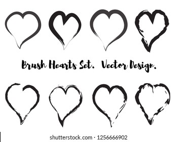Brush Black Stroke Grunge Hearts Vector Set. Cute Heart Icons Collection isolated on White. Love Symbol Vector Template. Editable elements for Valentine Cards, Stickers, Covers, Wallpapers, Prints