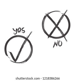 Brush black X and green tick check marks, approval signs design. Stroke X and OK symbol icons in round check boxes. New check list grunge marks, choice options, test, quiz or survey signs.