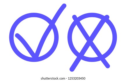 Brush blue stroke tick and cross signs in circle boxes. Negative and positive check marks set. New Voting icons template. New check marks collection for exam, test, quiz, poll. Yes and no symbols