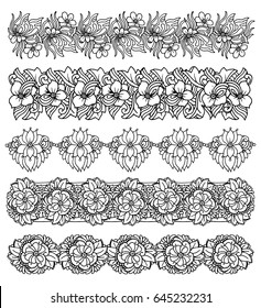 Brush border set with flower bouquet design, elegant print for fabric, wallpaper, gift wrap, vector handdrawn illustration isolated on white background