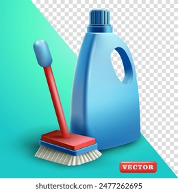 Brush and bottle of floor cleaning fluid, 3d vector. Suitable for hygiene and design elements