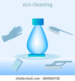 Cepillo, botella, guante de goma, esponja - vector. Productos ecológicos de limpieza. Limpieza ecológica verde. Estilo de vida de basura cero.