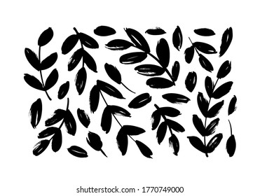 Brush branches with leaves vector collection. Set of black silhouettes leaves and branches. Hand drawn eucalyptus foliage, herbs, tree twig. Vector ink elements isolated on white background. 