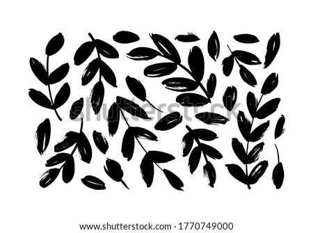 Brush branches with leaves vector collection. Set of black silhouettes leaves and branches. Hand drawn eucalyptus foliage, herbs, tree twig. Vector ink elements isolated on white background. 
