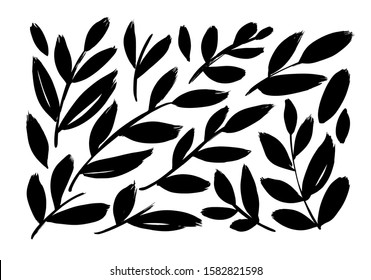 Brush branches with long leaves vector collection. Set of black silhouettes leaves and branches. Hand drawn eucalyptus foliage, herbs, tree branches. Vector ink elements isolated on white background.