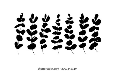 Brush branches with oval leaves vector collection. Set of black silhouettes leaves and stems. Hand drawn eucalyptus foliage. Black and white drawing of round-leaved blue gum. Ink elements