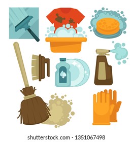 Brush and broom sponge and gloves cleaning equipment and tools vector window washing laundry dirty clothes and basin with soap sprayer and dishwashing detergent sweeping floor polishing furniture
