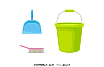 Brush, Bucket and Dustpan as Household Cleaning Equipments Vector Set