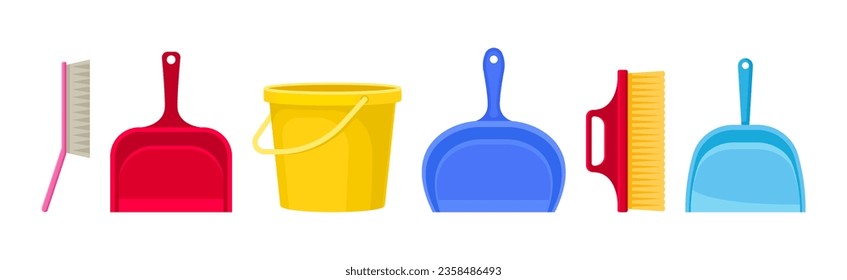 Brush, Bucket and Dustpan as Household Cleaning Equipments Vector Set