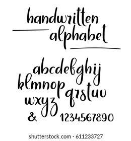 Brush calligraphy alphabet. Hand lettering brushpen letters and numbers. Vector handwritten brush font isolated on white background
