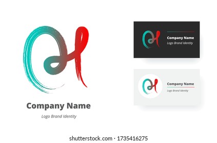 Brush calligraphy hand written letters C and H logo, monogram. Vector gradient trendy brand identity mark. Business card templates included.