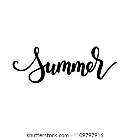 Brush calligraphy lettering of word Summer, bounce style, black ink hand written quote on white background, vacation theme, for poster, season greeting card, banner, logo, web symbol, sign, heading.