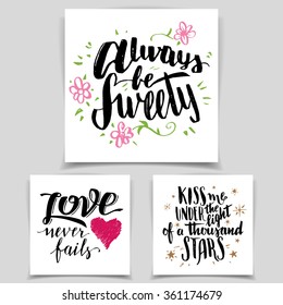 Brush calligraphy love cards set. Handwritten text isolated on white background for Valentine's day cards, wedding cards, t-shirts or posters