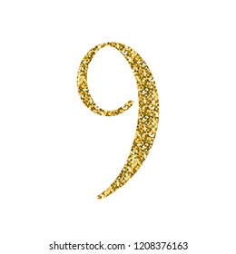 Brush calligraphy No 9 with vector gold glitter texture 