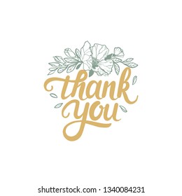 “Thank you” brush calligraphy surrounded by plant elements. Wedding graphic design