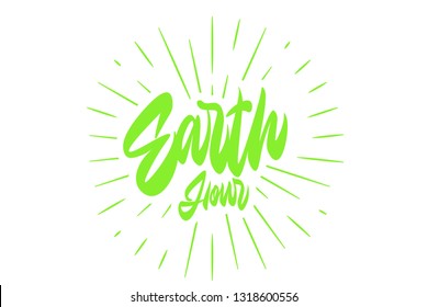 Brush calligraphy, vector hand drawn lettering with lamp for a Earth hour on white background. Message and logo. Vector modern typography.